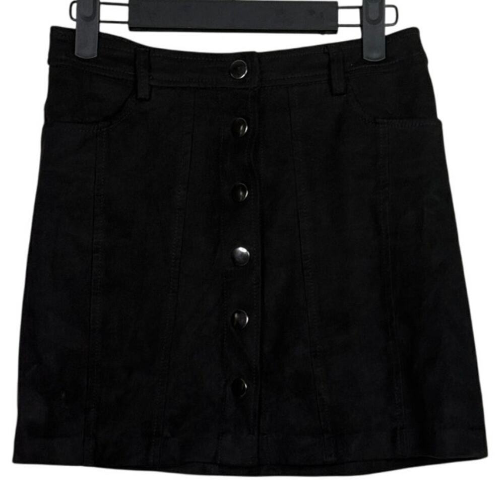 Zara Suede High Waist Stretch Button Down Mini Skater Skirt Pockets S Black